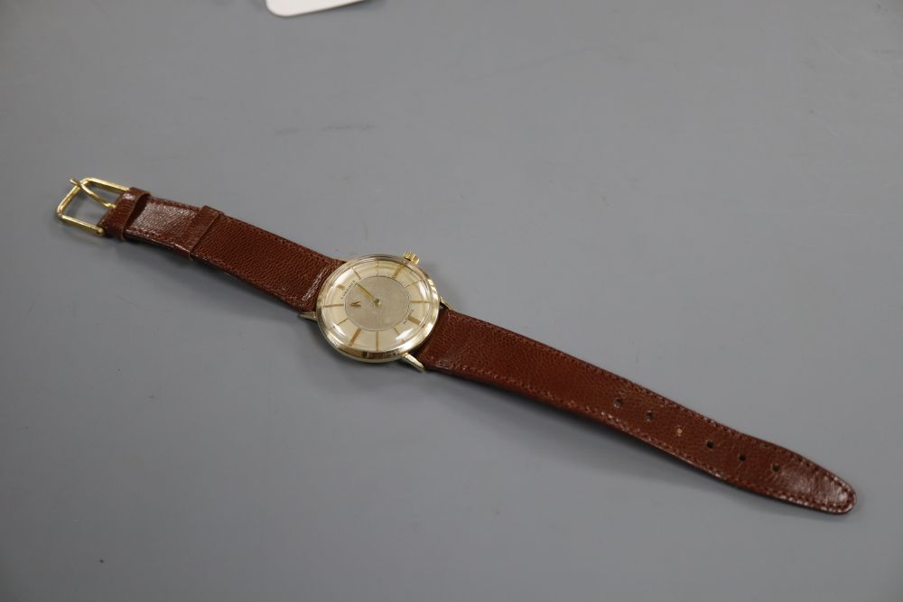 A gentlemans 18k gold filled Longines automatic mystery dial wrist watch, on later associated leather strap.